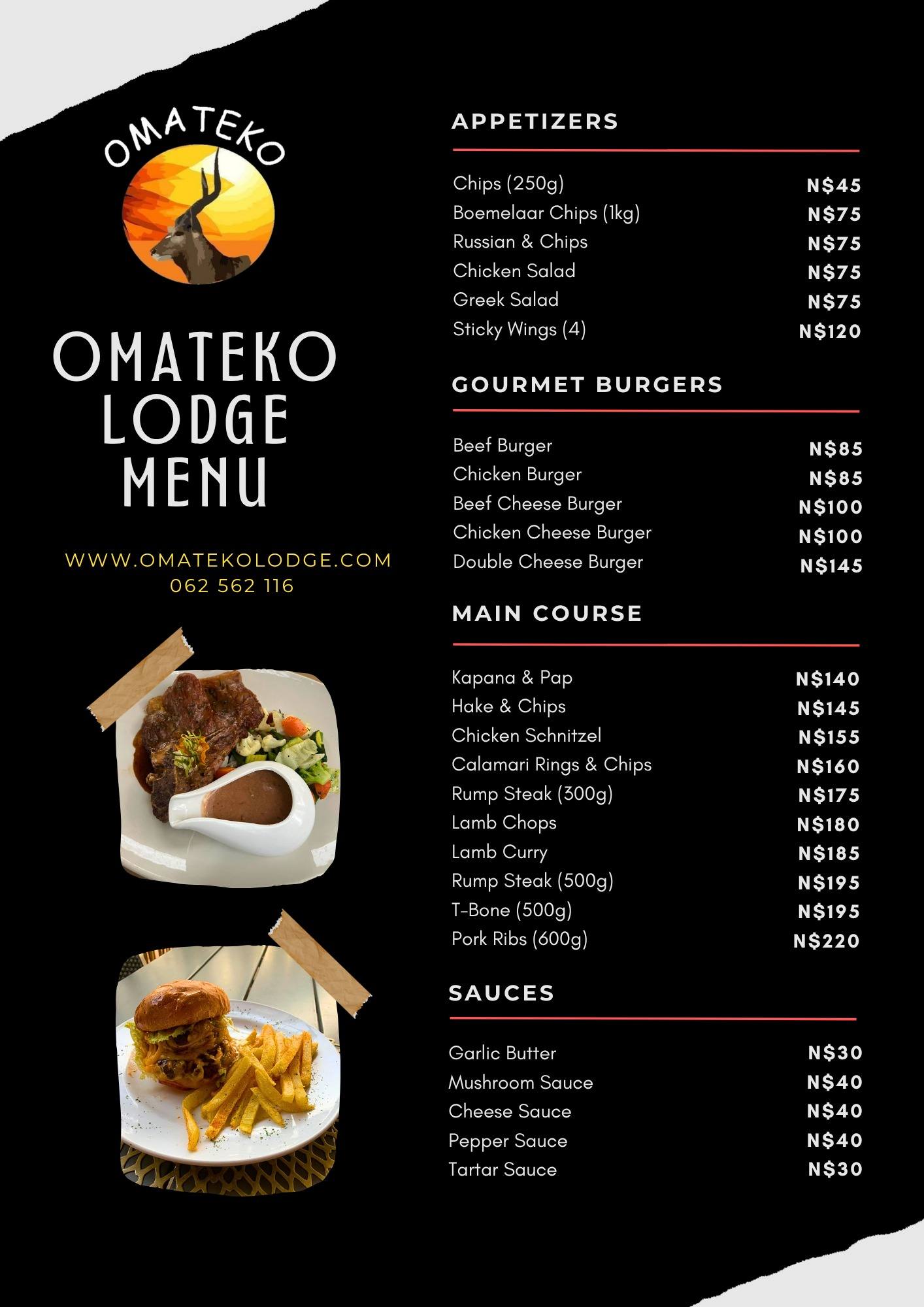 Omateko Lodge menu, page 1: appetizers, gourmet burgers, main course and sauces