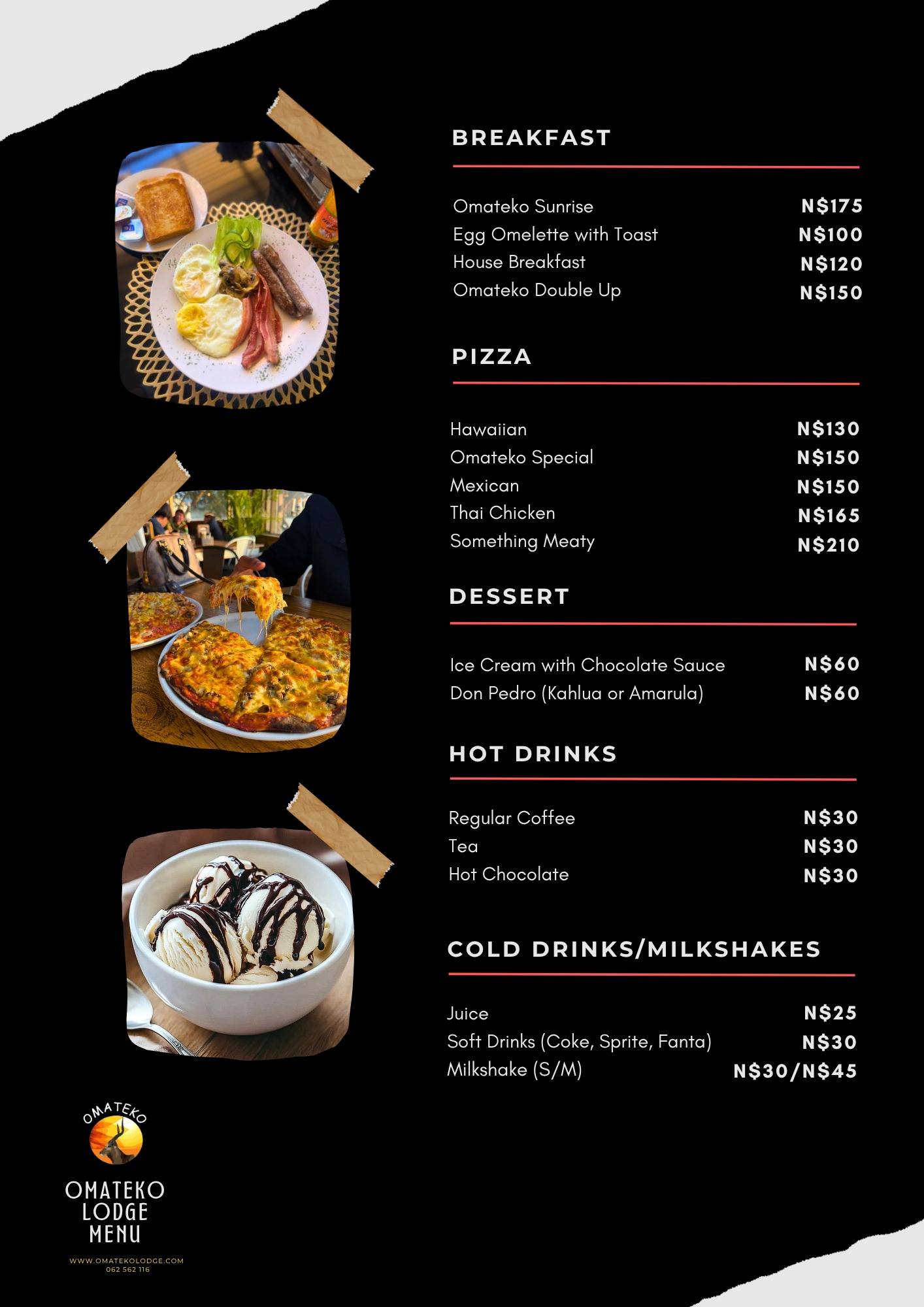 Omateko Lodge menu — page 2: breakfast, pizza, dessert, hot and cold drinks